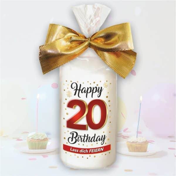 Stumpenkerze - Geburtstagskerze zum 20. Geburtstag, Happy Birthday - bunte moderne Motive Farben mit Geschenkfolie und goldener Schleife Kerze mit Geburtstagszahl Zahl in Geschenkverpackung