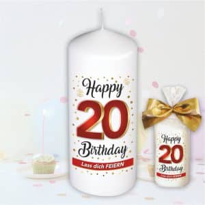 Stumpenkerze - Geburtstagskerze zum 20. Geburtstag, Happy Birthday - bunte moderne Motive Farben mit Geschenkfolie und goldener Schleife Kerze mit Geburtstagszahl Zahl in Geschenkverpackung - einzeln