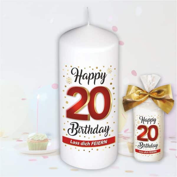 Stumpenkerze - Geburtstagskerze zum 20. Geburtstag, Happy Birthday - bunte moderne Motive Farben mit Geschenkfolie und goldener Schleife Kerze mit Geburtstagszahl Zahl in Geschenkverpackung - einzeln
