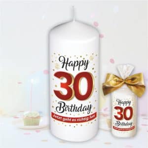 Stumpenkerze - Geburtstagskerze zum 30. Geburtstag, Happy Birthday - bunte moderne Motive Farben mit Geschenkfolie und goldener Schleife Kerze mit Geburtstagszahl Zahl in Geschenkverpackung - einzeln
