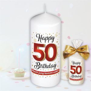 Stumpenkerze - Geburtstagskerze zum 50. Geburtstag, Happy Birthday - bunte moderne Motive Farben mit Geschenkfolie und goldener Schleife Kerze mit Geburtstagszahl Zahl in Geschenkverpackung - einzeln