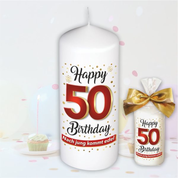 Stumpenkerze - Geburtstagskerze zum 50. Geburtstag, Happy Birthday - bunte moderne Motive Farben mit Geschenkfolie und goldener Schleife Kerze mit Geburtstagszahl Zahl in Geschenkverpackung - einzeln