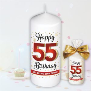 Stumpenkerze - Geburtstagskerze zum 55. Geburtstag, Happy Birthday - bunte moderne Motive Farben mit Geschenkfolie und goldener Schleife Kerze mit Geburtstagszahl Zahl in Geschenkverpackung - einzeln