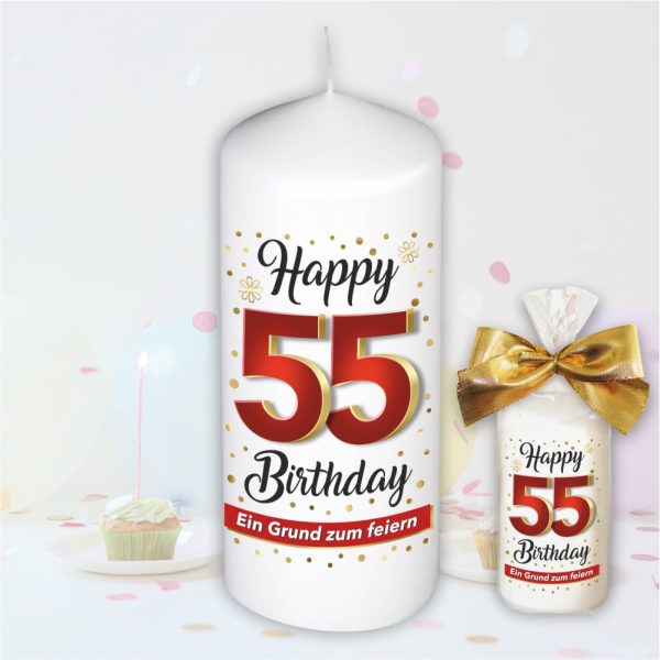 Stumpenkerze - Geburtstagskerze zum 55. Geburtstag, Happy Birthday - bunte moderne Motive Farben mit Geschenkfolie und goldener Schleife Kerze mit Geburtstagszahl Zahl in Geschenkverpackung - einzeln