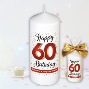 Stumpenkerze - Geburtstagskerze zum 60. Geburtstag, Happy Birthday - bunte moderne Motive Farben mit Geschenkfolie und goldener Schleife Kerze mit Geburtstagszahl Zahl in Geschenkverpackung - einzeln