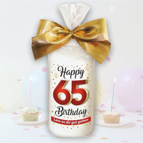 Stumpenkerze - Geburtstagskerze zum 65. Geburtstag, Happy Birthday - bunte moderne Motive Farben mit Geschenkfolie und goldener Schleife Kerze mit Geburtstagszahl Zahl in Geschenkverpackung