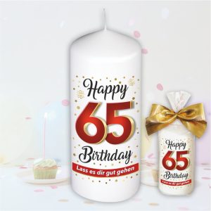 Stumpenkerze - Geburtstagskerze zum 65. Geburtstag, Happy Birthday - bunte moderne Motive Farben mit Geschenkfolie und goldener Schleife Kerze mit Geburtstagszahl Zahl in Geschenkverpackung - einzeln