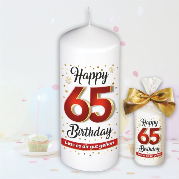 Stumpenkerze - Geburtstagskerze zum 65. Geburtstag, Happy Birthday - bunte moderne Motive Farben mit Geschenkfolie und goldener Schleife Kerze mit Geburtstagszahl Zahl in Geschenkverpackung - einzeln