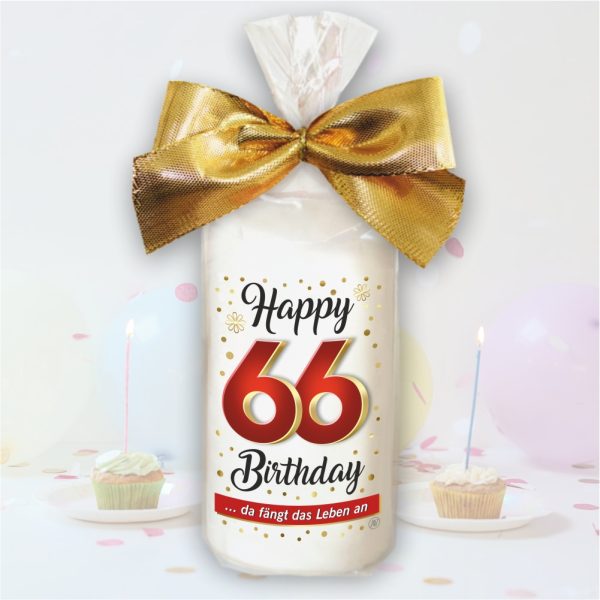 Stumpenkerze - Geburtstagskerze zum 66. Geburtstag, Happy Birthday - bunte moderne Motive Farben mit Geschenkfolie und goldener Schleife Kerze mit Geburtstagszahl Zahl in Geschenkverpackung