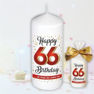 Stumpenkerze - Geburtstagskerze zum 66. Geburtstag, Happy Birthday - bunte moderne Motive Farben mit Geschenkfolie und goldener Schleife Kerze mit Geburtstagszahl Zahl in Geschenkverpackung - einzeln