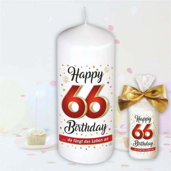 Stumpenkerze - Geburtstagskerze zum 66. Geburtstag, Happy Birthday - bunte moderne Motive Farben mit Geschenkfolie und goldener Schleife Kerze mit Geburtstagszahl Zahl in Geschenkverpackung - einzeln