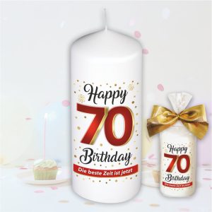 Stumpenkerze - Geburtstagskerze zum 70. Geburtstag, Happy Birthday - bunte moderne Motive Farben mit Geschenkfolie und goldener Schleife Kerze mit Geburtstagszahl Zahl in Geschenkverpackung - einzeln