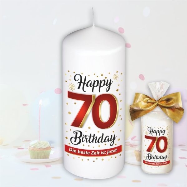 Stumpenkerze - Geburtstagskerze zum 70. Geburtstag, Happy Birthday - bunte moderne Motive Farben mit Geschenkfolie und goldener Schleife Kerze mit Geburtstagszahl Zahl in Geschenkverpackung - einzeln