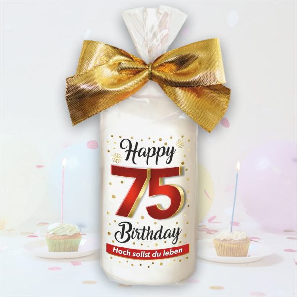 Stumpenkerze - Geburtstagskerze zum 75. Geburtstag, Happy Birthday - bunte moderne Motive Farben mit Geschenkfolie und goldener Schleife Kerze mit Geburtstagszahl Zahl in Geschenkverpackung