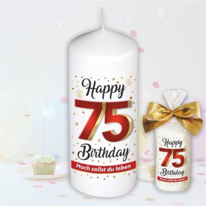 Stumpenkerze - Geburtstagskerze zum 75. Geburtstag, Happy Birthday - bunte moderne Motive Farben mit Geschenkfolie und goldener Schleife Kerze mit Geburtstagszahl Zahl in Geschenkverpackung - einzeln