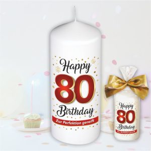 Stumpenkerze - Geburtstagskerze zum 80. Geburtstag, Happy Birthday - bunte moderne Motive Farben mit Geschenkfolie und goldener Schleife Kerze mit Geburtstagszahl Zahl in Geschenkverpackung - einzeln