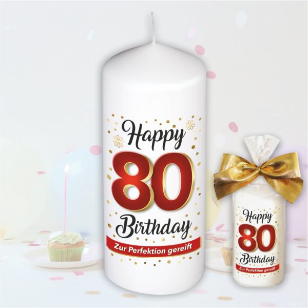 Stumpenkerze - Geburtstagskerze zum 80. Geburtstag, Happy Birthday - bunte moderne Motive Farben mit Geschenkfolie und goldener Schleife Kerze mit Geburtstagszahl Zahl in Geschenkverpackung - einzeln