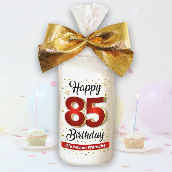 Stumpenkerze - Geburtstagskerze zum 85. Geburtstag, Happy Birthday - bunte moderne Motive Farben mit Geschenkfolie und goldener Schleife Kerze mit Geburtstagszahl Zahl in Geschenkverpackung