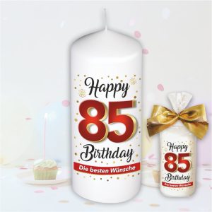 Stumpenkerze - Geburtstagskerze zum 85. Geburtstag, Happy Birthday - bunte moderne Motive Farben mit Geschenkfolie und goldener Schleife Kerze mit Geburtstagszahl Zahl in Geschenkverpackung - einzeln