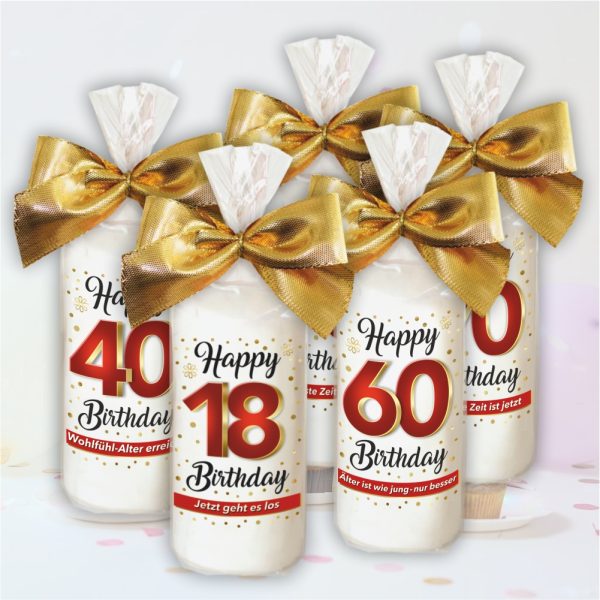 Stumpenkerze - Geburtstagskerze zum Geburtstag, Happy Birthday - bunte moderne Motive Farben mit Geschenkfolie und goldener Schleife Kerze mit Geburtstagszahl Zahl in Geschenkverpackung - mehrere Kerzen
