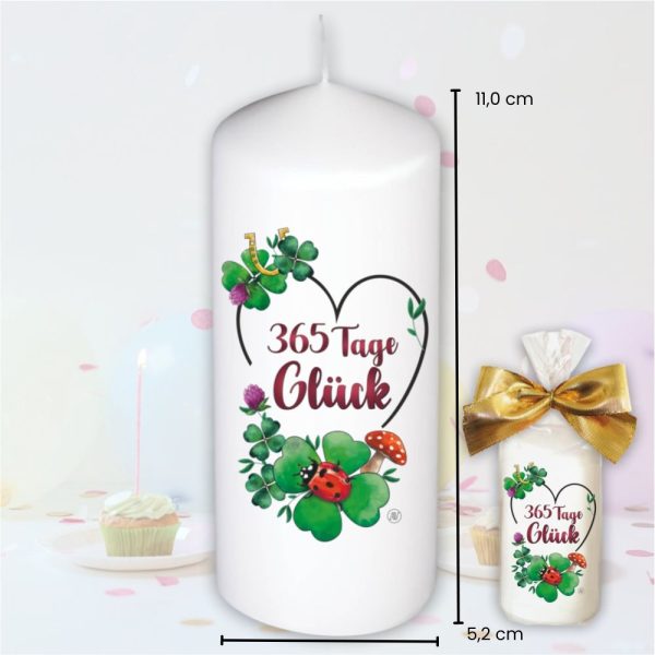 Stumpenkerze Kerze - 365 Tage Glück - Für Dich bunte moderne Motive Farben mit Geschenkfolie Geburtstagkerze - Maße