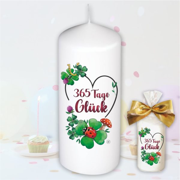 Stumpenkerze Kerze - 365 Tage Glück - Für Dich bunte moderne Motive Farben mit Geschenkfolie und goldener Schleife Geburtstagkerze in Geschenkverpackung