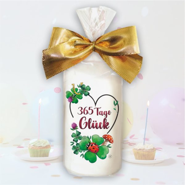 Stumpenkerze Kerze - 365 Tage Glück - Für Dich bunte moderne Motive Farben mit Geschenkfolie und goldener Schleife Geburtstagkerze in Geschenkverpackung - einzeln