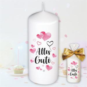 Stumpenkerze Kerze - Alles Gute Herzen - Für Dich bunte moderne Motive Farben mit Geschenkfolie und goldener Schleife Geburtstagkerze in Geschenkverpackung