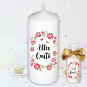 Stumpenkerze Kerze - Alles Gute Rosen - Für Dich bunte moderne Motive Farben mit Geschenkfolie und goldener Schleife Geburtstagkerze in Geschenkverpackung