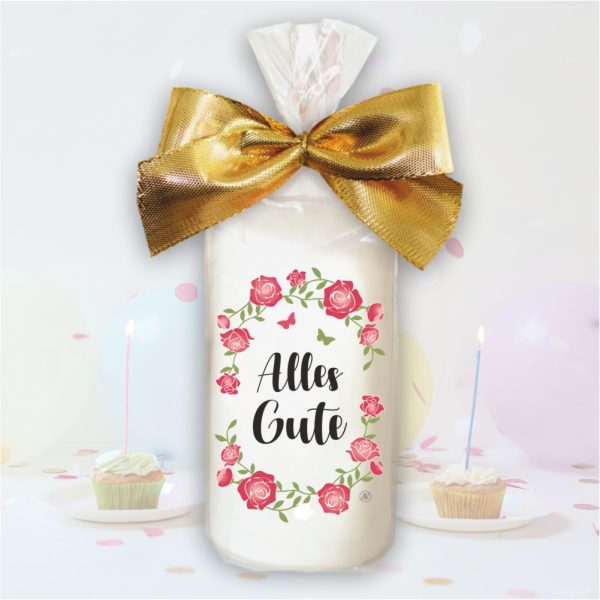 Stumpenkerze Kerze - Alles Gute Rosen - Für Dich bunte moderne Motive Farben mit Geschenkfolie und goldener Schleife Geburtstagkerze in Geschenkverpackung - einzeln