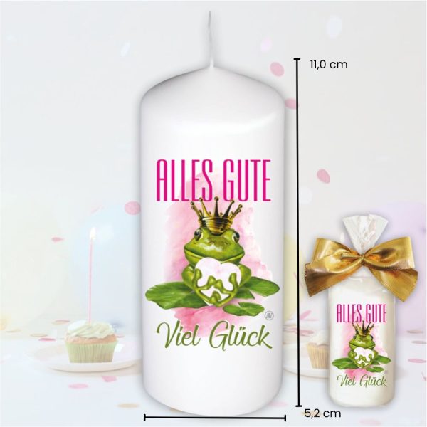 Stumpenkerze Kerze - Alles Gute und Viel Glück Frosch - Für Dich bunte moderne Motive Farben mit Geschenkfolie Geburtstagkerze - Maße