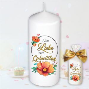 Stumpenkerze Kerze - Alles liebe zum Geburtstag - Für Dich bunte moderne Motive Farben mit Geschenkfolie und goldener Schleife Geburtstagkerze in Geschenkverpackung