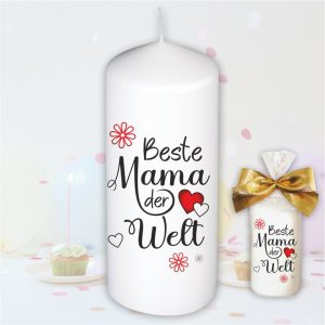 Stumpenkerze Kerze - Beste Mama der Welt - Für Dich bunte moderne Motive Farben mit Geschenkfolie und goldener Schleife Geburtstagkerze in Geschenkverpackung