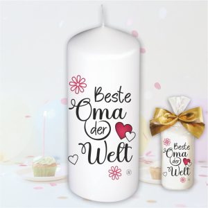 Stumpenkerze Kerze - Beste Oma der Welt - Für Dich bunte moderne Motive Farben mit Geschenkfolie und goldener Schleife Geburtstagkerze in Geschenkverpackung