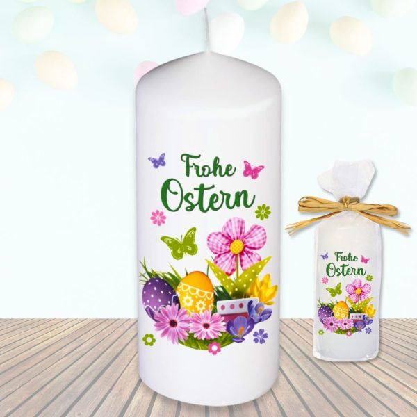 Stumpenkerze Kerze - Frohe Ostern Blume - Für Dich zu Ostern bunte moderne Motive Farben mit Geschenkfolie und Schleife Osterkerze in Geschenkverpackung als Ostergeschenk
