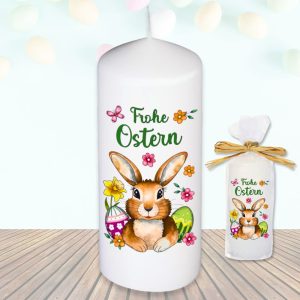 Stumpenkerze Kerze - Frohe Ostern Osterhase - Für Dich zu Ostern bunte moderne Motive Farben mit Geschenkfolie und Schleife Osterkerze in Geschenkverpackung als Ostergeschenk