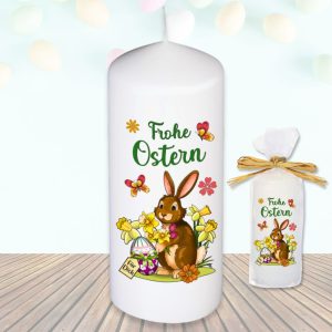 Stumpenkerze Kerze - Frohe Ostern Osterhase mit Ei - Für Dich zu Ostern bunte moderne Motive Farben mit Geschenkfolie und Schleife Osterkerze in Geschenkverpackung als Ostergeschenk