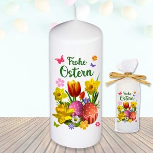 Stumpenkerze Kerze - Frohe Ostern Tulpen - Für Dich zu Ostern bunte moderne Motive Farben mit Geschenkfolie und Schleife Osterkerze in Geschenkverpackung als Ostergeschenk