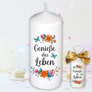 Stumpenkerze Kerze - Genieße das Leben - Für Dich bunte moderne Motive Farben mit Geschenkfolie und goldener Schleife Geburtstagkerze in Geschenkverpackung
