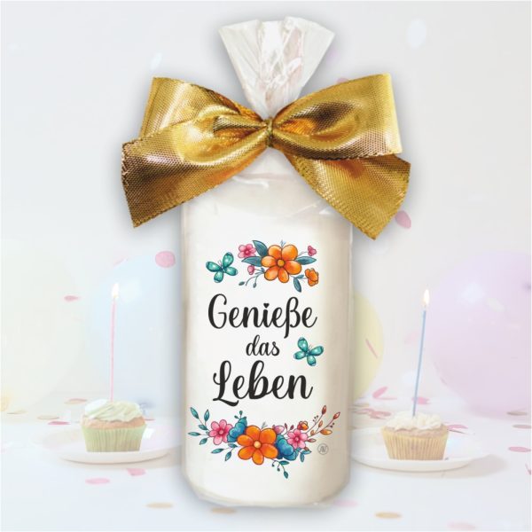 Stumpenkerze Kerze - Genieße das Leben - Für Dich bunte moderne Motive Farben mit Geschenkfolie und goldener Schleife Geburtstagkerze in Geschenkverpackung - einzeln