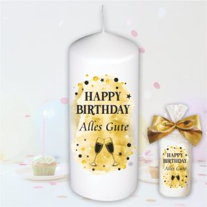 Stumpenkerze Kerze - Happy Birthday, Alles Gute - Für Dich bunte moderne Motive Farben mit Geschenkfolie und goldener Schleife Geburtstagkerze in Geschenkverpackung