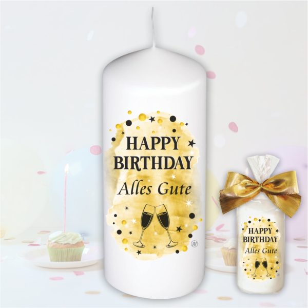 Stumpenkerze Kerze - Happy Birthday, Alles Gute - Für Dich bunte moderne Motive Farben mit Geschenkfolie und goldener Schleife Geburtstagkerze in Geschenkverpackung