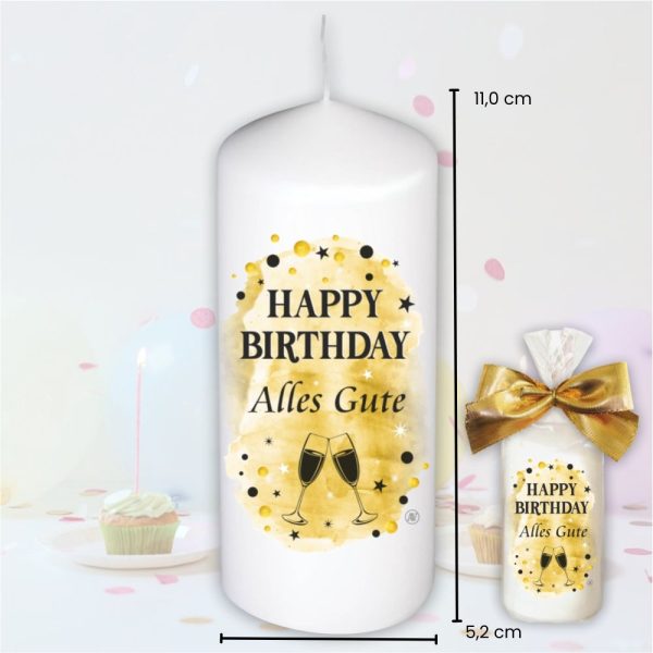 Stumpenkerze Kerze - Happy Birthday und Alles Gute - Für Dich bunte moderne Motive Farben mit Geschenkfolie Geburtstagkerze - Maße
