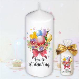Stumpenkerze Kerze - Heute ist Dein Tag BUNT- Für Dich bunte moderne Motive Farben mit Geschenkfolie und goldener Schleife Geburtstagkerze in Geschenkverpackung
