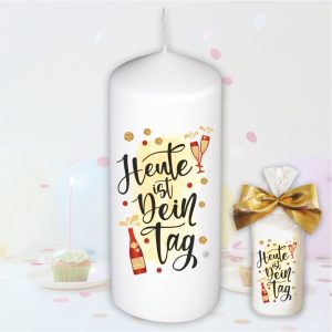 Stumpenkerze Kerze - Heute ist Dein Tag GOLD - Für Dich bunte moderne Motive Farben mit Geschenkfolie und goldener Schleife Geburtstagkerze in Geschenkverpackung