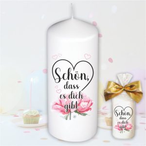 Stumpenkerze Kerze - Schön das es Dich gibt - Für Dich bunte moderne Motive Farben mit Geschenkfolie und goldener Schleife Geburtstagkerze in Geschenkverpackung