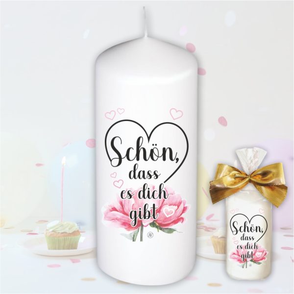 Stumpenkerze Kerze - Schön das es Dich gibt - Für Dich bunte moderne Motive Farben mit Geschenkfolie und goldener Schleife Geburtstagkerze in Geschenkverpackung
