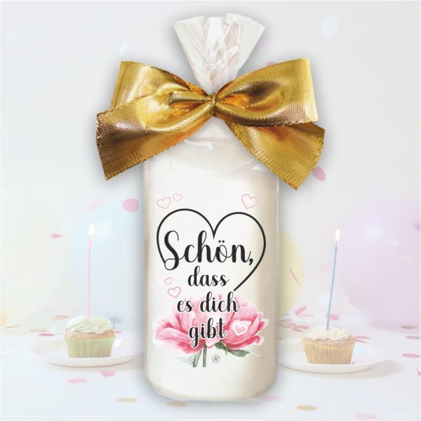 Stumpenkerze Kerze - Schön das es Dich gibt - Für Dich bunte moderne Motive Farben mit Geschenkfolie und goldener Schleife Geburtstagkerze in Geschenkverpackung - einzeln