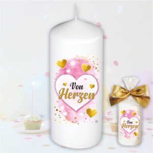 Stumpenkerze Kerze - Von Herzen - Für Dich bunte moderne Motive Farben mit Geschenkfolie und goldener Schleife Geburtstagkerze in Geschenkverpackung - einzeln