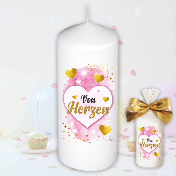 Stumpenkerze Kerze - Von Herzen - Für Dich bunte moderne Motive Farben mit Geschenkfolie und goldener Schleife Geburtstagkerze in Geschenkverpackung - einzeln